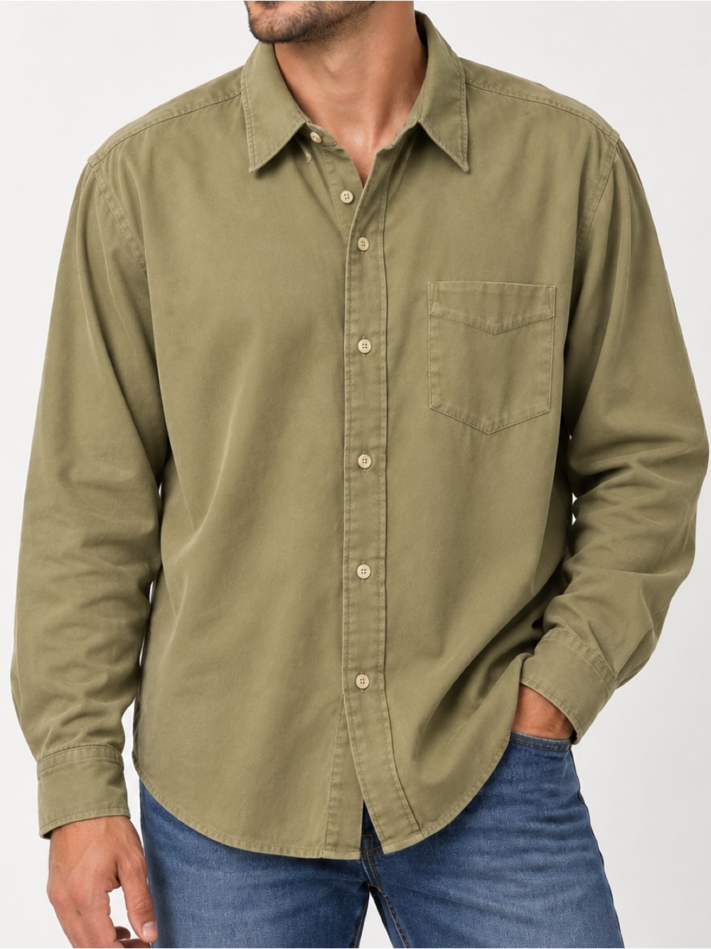 Buck Mason Draped Twill Relaxed Fit Button Down Long Sleeve Shirt Green Large